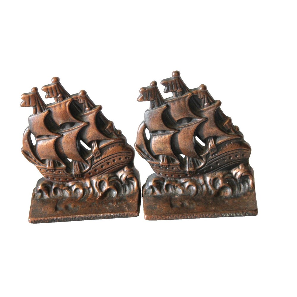Vintage Verona Cast Bronze/Brass/Iron Sailing Ship Bookends Clipper Boat Pirate
